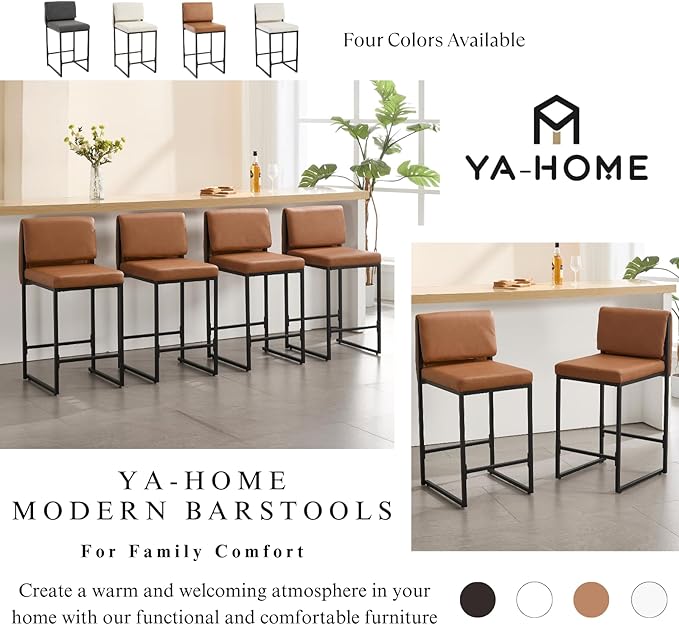 Modern Barstools Set of 2, 26” Upholstered Counter Height Bar Stools PU Leather Fabric Counter Stools with Padded Back Metal Frame for Kitchen Island Dining Room, Brown