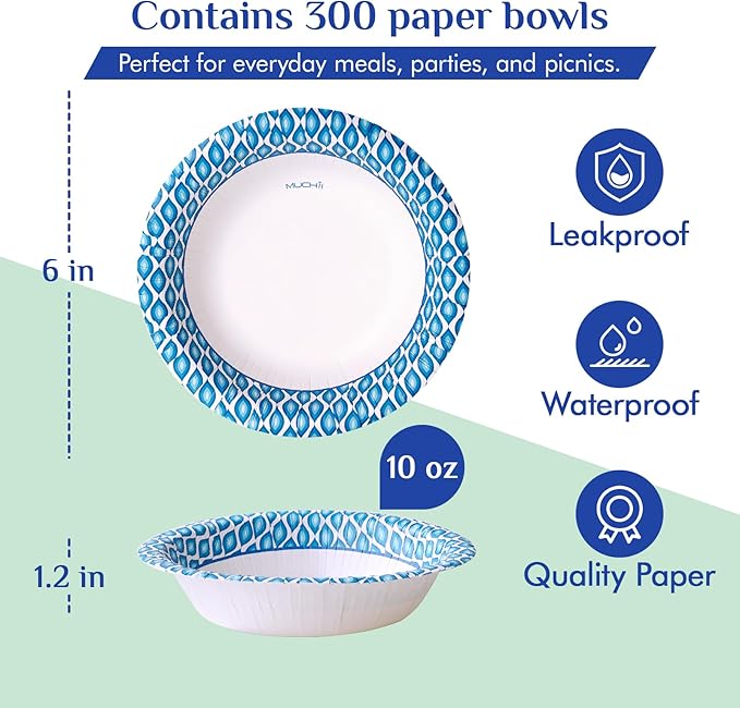 MUCHII 300 Count Paper Bowls 10 Oz Disposable Bowls, Printed Soak Proof Small Bowls for Snacks, Dessert, And Light Lunch Meals