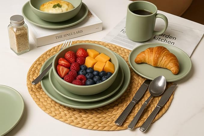 12-Piece Stoneware Dinnerware Set with Mugs | Microwave and Dishwasher Friendly | Stackable Matte Glaze Plates & Bowls | Service for 4