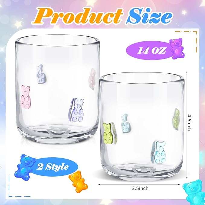 Icon Juice Glasses, 14oz Stemless Wine Drinking Juice Glass Cup for Valentine Party Supplies Gift(2 Pcs,Candy Bear)