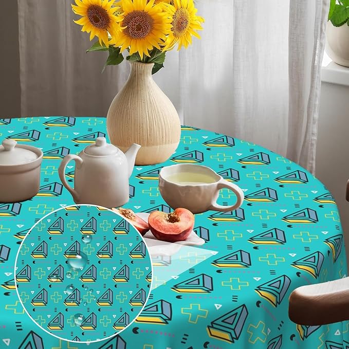 Laeacco 54 Inch Geometric Round Tablecloth Turquoise Triangle Pattern Modern Abstract Art Print Table Cloth Washable Waterproof Wrinkle Free Table Cover for Kitchen Dining Picnic Party Decoration