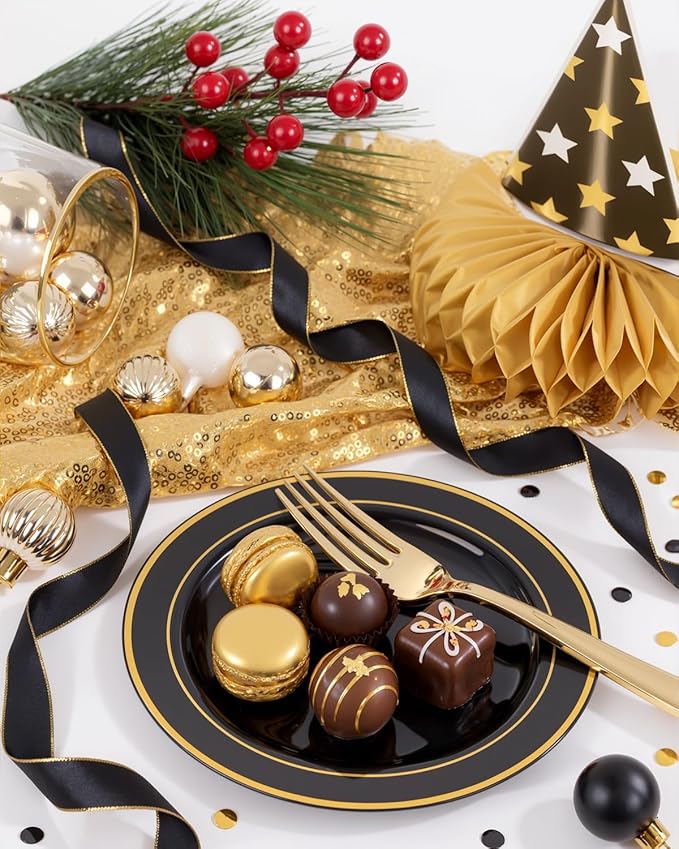 bUCLA 200PCS Black and Gold Plastic Plates - 6.25inch Black with Gold Rim Disposable Dessert/Salad/Appetizer/Small Cake Plates - Ideal for Party & New Year