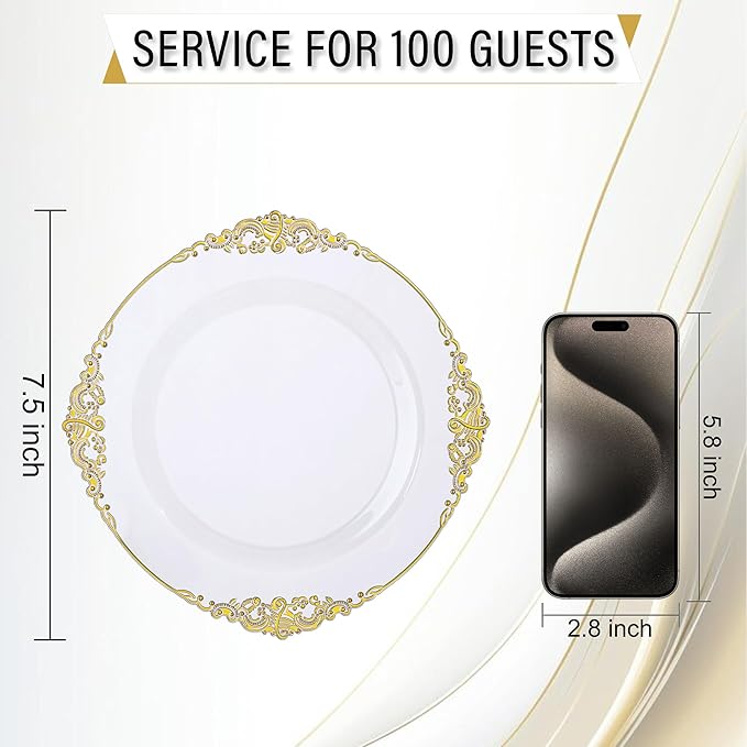 Nervure 100PCS Clear and Gold Plastic Plates - 7.5inch Clear Disposable Plates - Heavyweight Gold Plastic Plate - Dessert Plate for Wedding & Party
