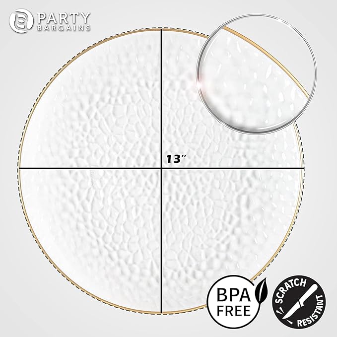 PARTY BARGAINS 13-Inch Charger Plates - 4 Pack, Hammered Clear Gold Rim, Heavy-Duty Disposable Chargers for Elegant Dining - Ideal for Weddings and Formal Events