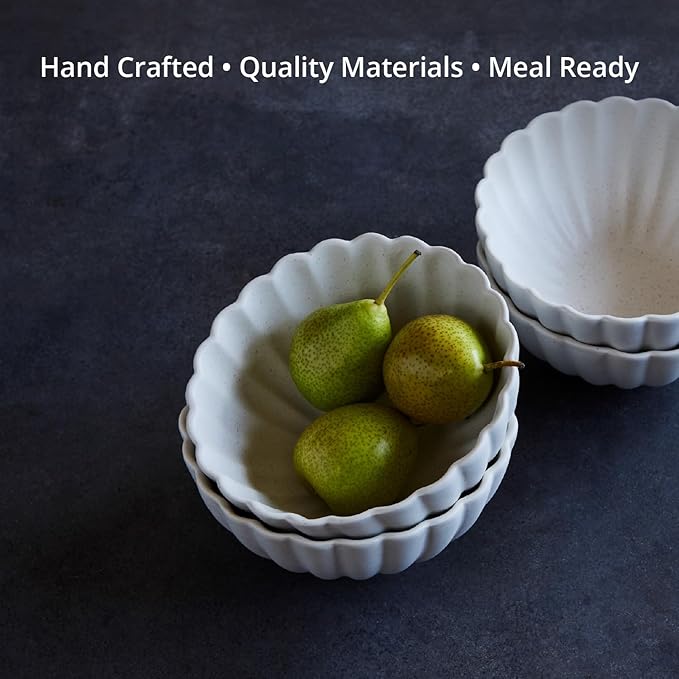 Goodies White Classic Flower Bowls (Set of 4), Handmade Ceramic, Glazed, Dishwasher Safe, Microwave Safe, Petal Shaped Design, Durable, Stackable, Elegant Dinnerware, 6 Inch, 16 oz
