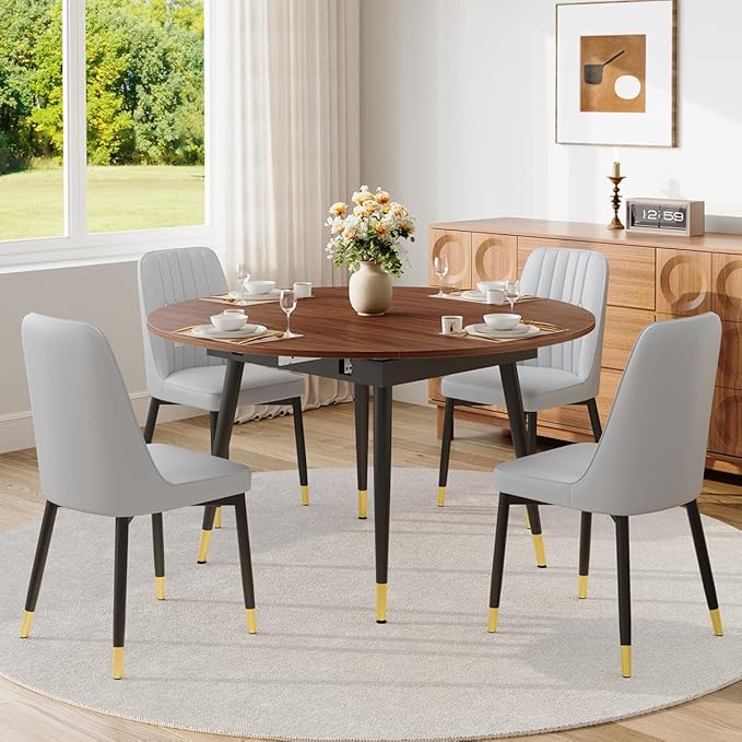 53” Round Dining Table Set for 4｜5 Piece Wood Dining Table Set｜Extendable Dining Room Table with 4 Chairs｜Walnut Wooden Tabletop with Metal Legs｜Easy Assembly｜Space Saving｜for Kitchen, Living Room