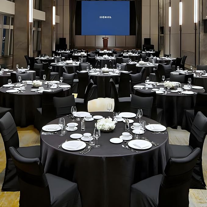 12 Pack Black Round Tablecloth 120 Inch Black Table Cloth Stain and Wrinkle Resistant Reusable and Washable Polyester Fabric Table Covers for Buffet Wedding Party and Banquet