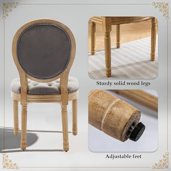 SoarFlash French Dining Chairs Set of 2, Vantage Dining Chair with Round Back, Wood Leg Farmhouse Country Velvet Dining Chair for Kitchen,Bedroom,Grey