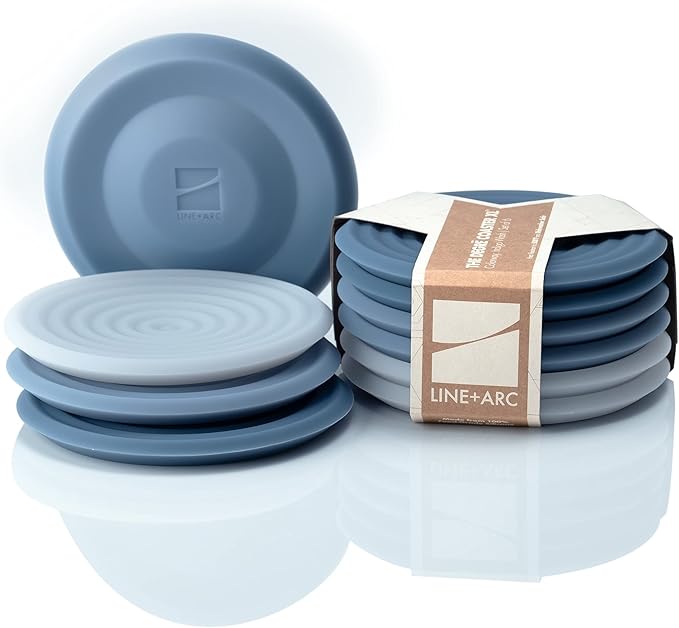 The Degrē Coasters XL (Indigo Wash, Set of 6) by LINE+ARC. 10mm Thick, Dishwasher Safe, Stain-Resistant, Outdoor, Coffee Table, Silicone, Modern, Mid Century, Drink, Non-Absorbent, Housewarming Gift
