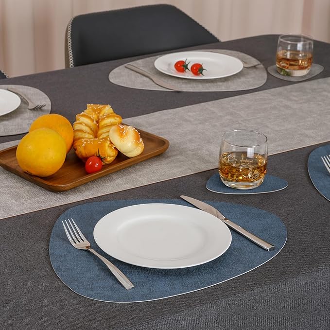 Placemats and Coasters, Washable Placemats Round Faux Leather Wipeable Place Mats Non Slip Heat Resistant Indoor Outdoor Table Mats (Set of 4, Light Gray Navy Blue)