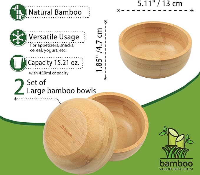 Soup Bowls Set of 2 for Dessert/Cereal/Pasta/Fruit | Natural Bamboo Serving Bowls for Nuts/Candy/Snacks/Pistachio | Charcuterie Accessories for Dipping/Condiments/Sauce | 15.21 oz Capacity