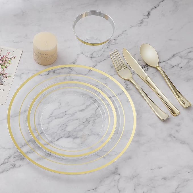 BESTVIP 50PCS Clear Plastic Plate, Disposable Party Plates with 25 Dinner and 25 Dessert Plates, Plastic Plate for Party, Wedding and Birthday
