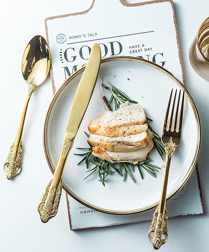 Gold Silverware Set for 10 Premium 18/10 Stainless Steel Flatware Set Palace Style 50 Piece Cutlery Tableware Utensils Embossed Decorative Handle Knives Forks and Spoons for Home Christmas Wedding