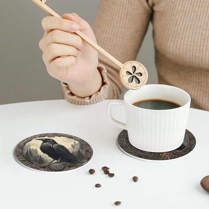 Raven Coasters for Drinks with Holder Round Leather Coasters Set of 6 Cups Mugs Mat Pad for Home Kitchen Bar