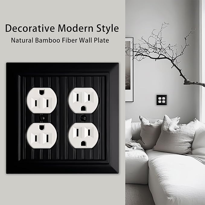 Beadboard Outlet Covers Wall Plates, Bamboo Fiber Light Switch Covers, Natural Material Electric Receptacle Decorative Switch Plate Outlet Cover Matte Black (2 Gang Duplex 2 Pack)