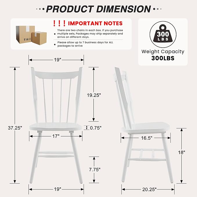 HNY White Windsor Dining Chairs Set of 2, Farmhouse Wooden Kitchen Chairs with Spindle Back, Mid Century Modern Armless Kitchen Side Chair for Dining Living Room Restaurant