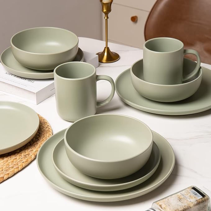 12-Piece Stoneware Dinnerware Set with Mugs | Microwave and Dishwasher Friendly | Stackable Matte Glaze Plates & Bowls | Service for 3 (Green for 3)