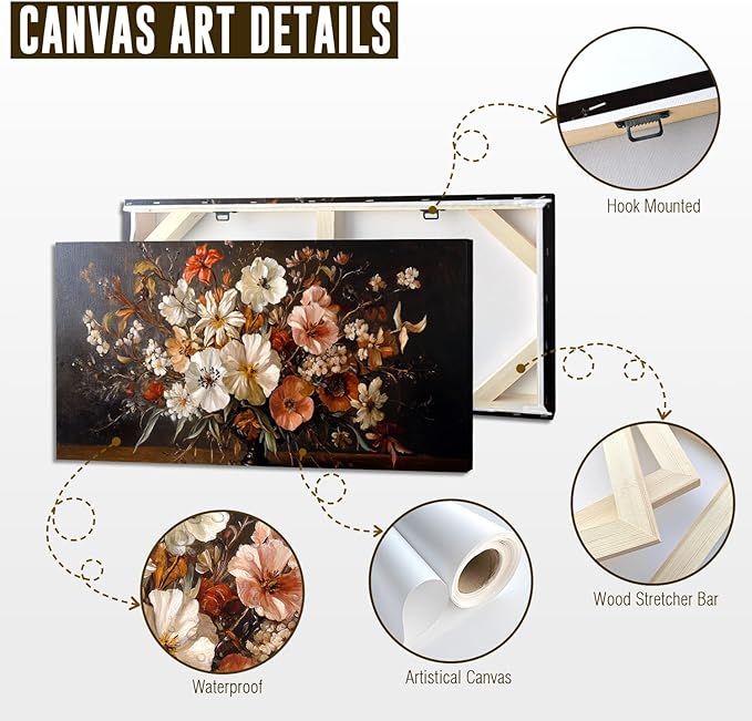 ADJUVANT Wall Art Vintage Floral Bouquet in Vase 60"L x 30"W, Flowers Canvas Painting Botanic Artwork Retro Blossoms Prints Graceful Floral Wall Decor for Living Room Bedroom Dining Room Home Office