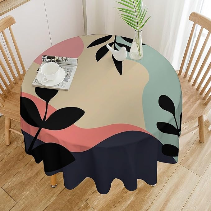 Medieval Bohemian Abstract Round Tablecloth, Mid Century Modern Leaves Geometric Tablecloth for Home Party Dining Room Kitchen Decor 60Inch(152cm)