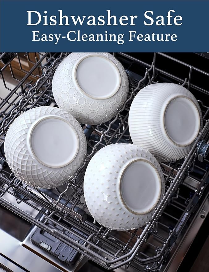 26oz Ceramic Cereal Bowls, Embossed Cereal bowls Set of 4, Large Soup Bowls Wide Anti-Slip Base, Dishwasher & Microwave Safe, 6 inch Stoneware Soup Bowls, Housewarming Gift, Arctic white
