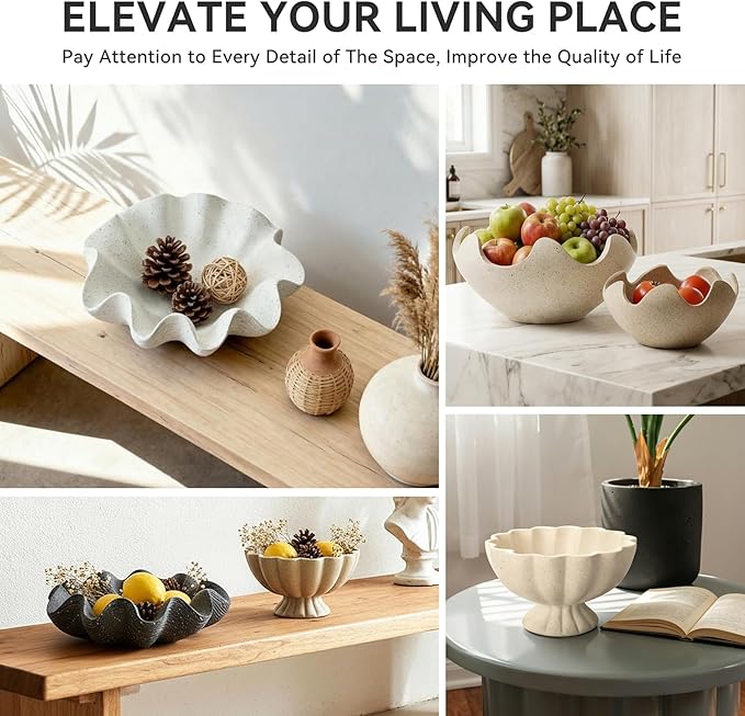 Scalloped Decorative Bowl Home Decor - 12.6" Modern Handicraft Large Shell Ruffle Decorative Fruit Bowl for Kitchen Counter, Chic Key Tray for Entryway Table, Artificial Stone White