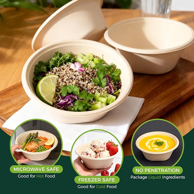 24 OZ Heavy Duty Disposable Bowls - Eco-friendly Sugarcane Bagasse - Biodegradable and Compostable - Ideal for Cereal, Rice, French Fries [100 Pack]