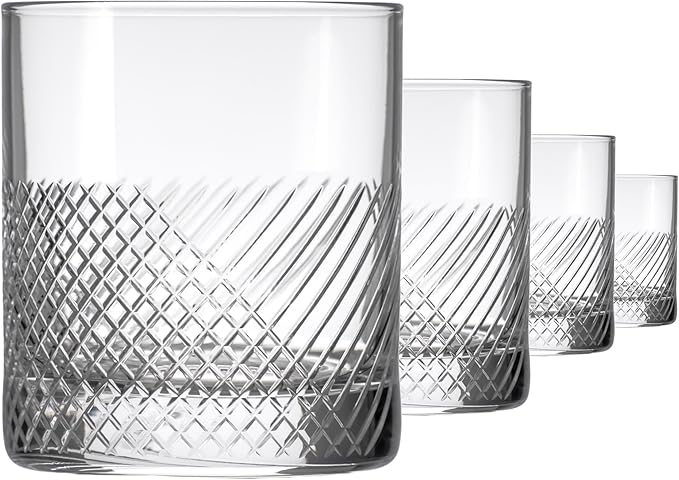 Rolf Glass Bourbon Street On the Rocks Glass | Set of 4 Etched 10oz Whiskey Glasses | Lead-Free Glass | Diamond-Wheel Engraved and Polished in America | Modern Luxury Glassware