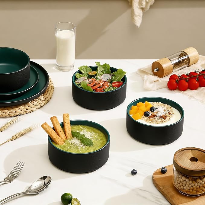 GZG Ceramic Cereal Bowls Set of 4,6 Inch Stoneware Salad Bowls,Dishwasher and Microwave Safe,Stackable,Scratch Resistant for Oatmeal,Fruit,Salads and Ricel(Dark Green)