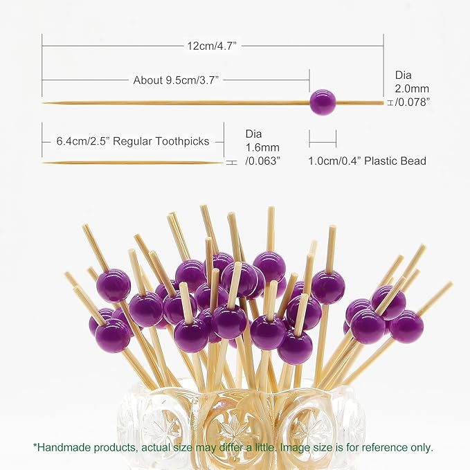 Minisland Purple Pearl Cocktail Picks, 4.7 Inch Long Bamboo Fancy Toothpicks for Appetizers, Decorative Bridal Wedding Holiday Party Food Drink Garnish Fruit Kabob Skewer Sticks 100 Counts - MSL454