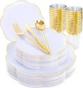 EI 180pcs White Plastic Plates with Gold Plastic Silverware,Heavy-Duty Disposable Plates for Party,White Dinnerware Set for 30 Guest Wedding,Birthday,Spring Afternoon Tea