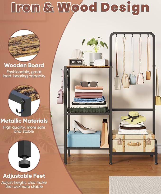 Floor-Standing 3-Tier Purse Organizer, High-Capacity Bag Holder with 8 Hooks, Multi-Functional Purse Rack for Various Bags, Handbag Display Stand Shelf for Closet, Bedroom, Entryway, Black