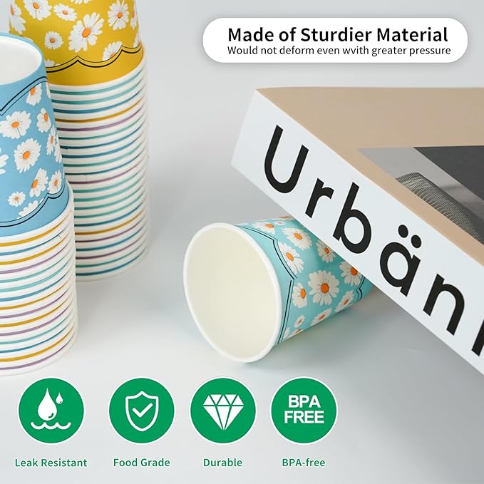 500 Pack 5oz Disposable Paper Cups, Colorful Small Mouthwash Cups, for Party, Picnics, Barbecues, Travel and Events, Daisy