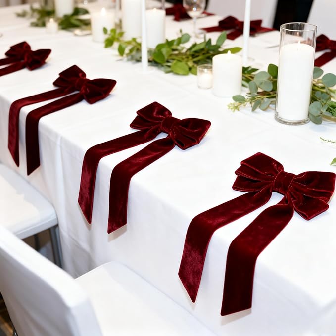 Bow Napkin Rings Set of 12 Luxury Soft Burgundy Velvet Napkin Holders, Elegant Bow Design for Christmas Holiday Dinner Wedding Party Table Decor