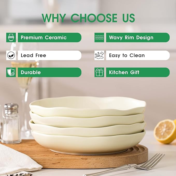 Pasta Bowls Set of 4, Ceramic 24.5oz Serving Salad Bowl, Large 8.5 inch Wide Shallow Soup Bowls with Wavy Rim, Easy to Clean, Oven Microwave Dishwasher Safe for Fruit Pasta Salad Dinner -Beige