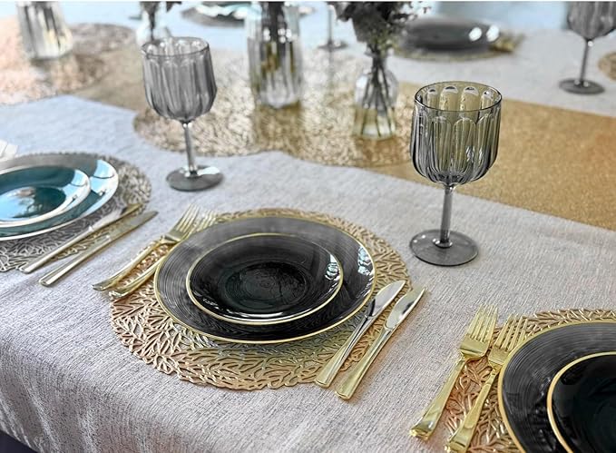 " OCCASIONS " 50 Plates Pack (25 Guests)-Wedding Party Disposable Plastic Plate Set -25 x 10'' Dinner + 25 x 7'' Salad & Dessert plates (Belize in Black & Gold)