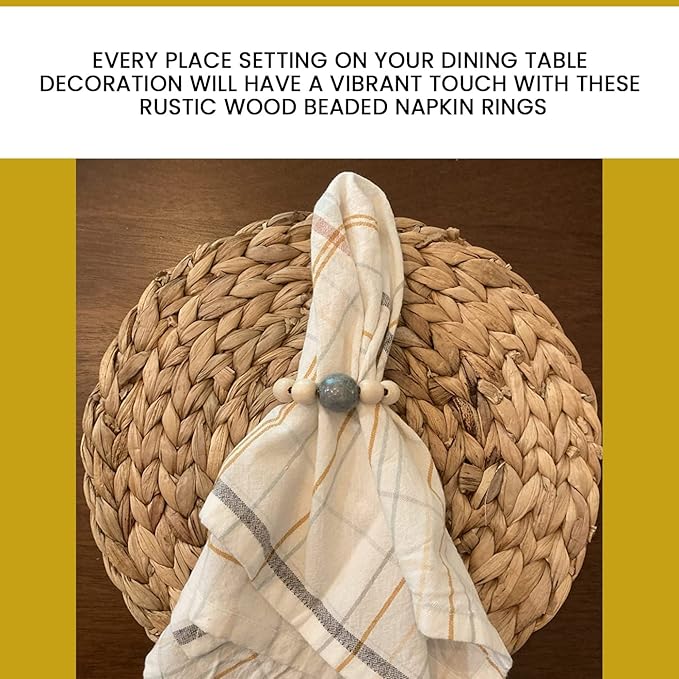 Napkin Rings Set of 6 - Wooden Beads Napkin Rings | Rustic Wooden Napkin Ring Holder for Table Decoration | Handmade LEBEJUA Napkin Ring with Wood Beads & Jute Twine Farmhouse Napkin Holder Boho Style