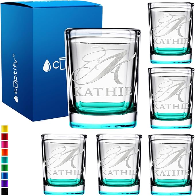 Personalized Shot Glasses Set of 6 Initial and Name 2oz Teal Bottom Etched Square Shot Glass Engraved with Custom Text Birthday Gift for Men and Women