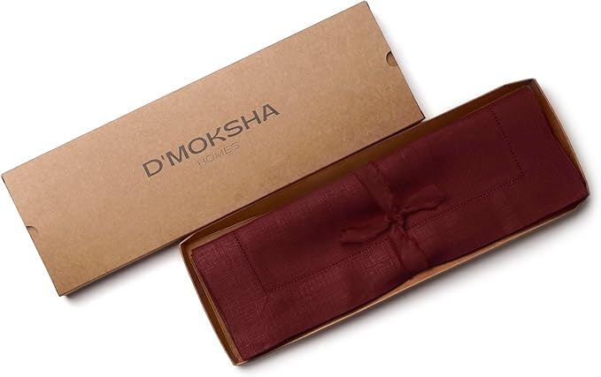 D'Moksha Homes Linen Placemats Set of 4 - Classic Hemstitch Dark Red Placemats 14 x 19 Inch - 100% Pure Linen Table Mats for Valentines, Spring - Handcrafted and Machine Washable