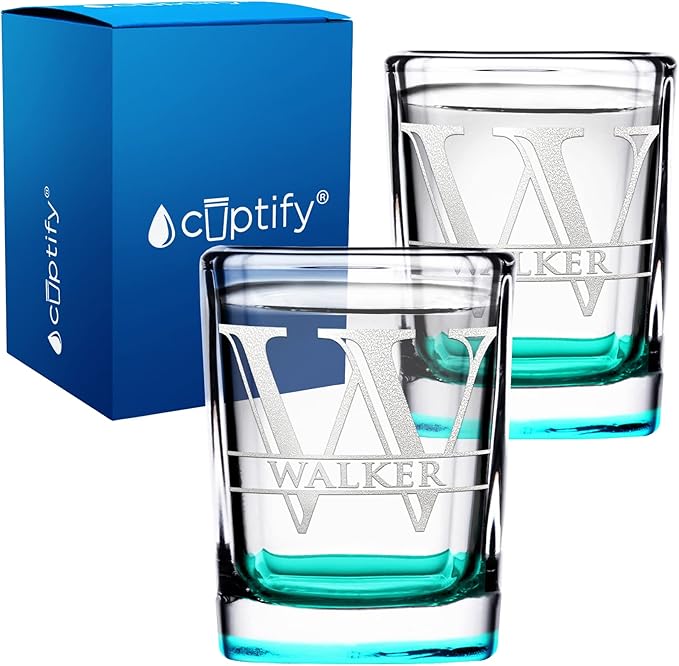 Personalized Glasses Set of 2 Initial and Name 2oz Teal Bottom Etched Square Shot Glass Engraved with Custom Text Birthday Gift for Men and Women