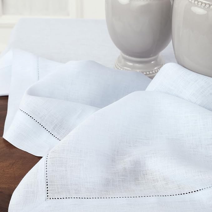 Solino Home Light Blue Linen Tablecloth 60 x 144 Inch - 100% Pure Linen Hemstitch Table Cloth for Rectangle Tables - Classic Hemstitch, Machine Washable Tablecloth for Spring, Easter