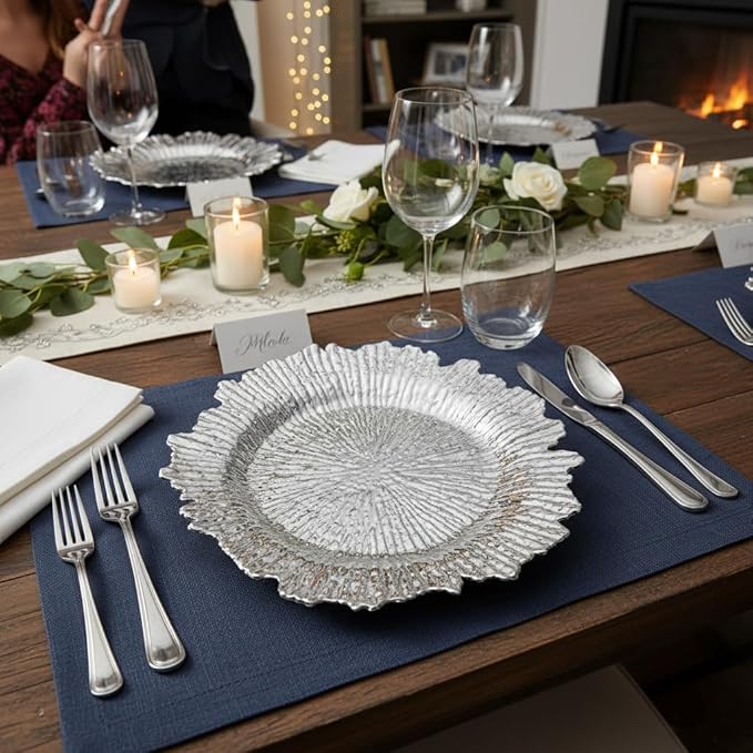 LOYALHEARTDY 24 Pack 13 Inch Silver Charger Plates, Plastic Reef Textured Rim Round Decorative Underplates for Wedding, Party, Dinner Table