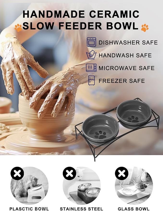 Y YHY Dog & Cat Food Bowls,12 OZ(1.5 Cup) Ceramic Raised Pet Bowls for Food and Water, Two Elevated Pet Dishes Bowls 2.75” Height Sturdy Metal Stand, Grey