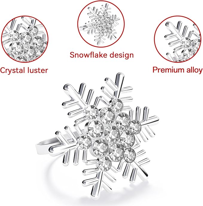 ZeeDix Christmas Silver Snowflake Napkin Rings Set of 8, Napkins Ring for Dinning Table - Rustic Dinner Tables Decoration for Wedding Receptions Christmas Thanksgiving Holiday Party Dinner Parties