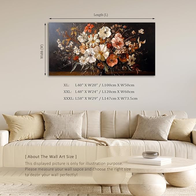 ADJUVANT Wall Art Vintage Floral Bouquet in Vase 48"L x 24"W, Flowers Canvas Painting Botanic Artwork Retro Blossoms Prints Graceful Floral Wall Decor for Living Room Bedroom Dining Room Home Office