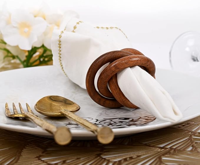 ALPHA Living HOME Set of 12 Decorative Wooden Napkin Rings - Handcrafted Three Ring Napkin Holder for Tabletop Decor for Elegant Dining, Weddings, Parties, Home, Gifting, Everyday Use (Brown)