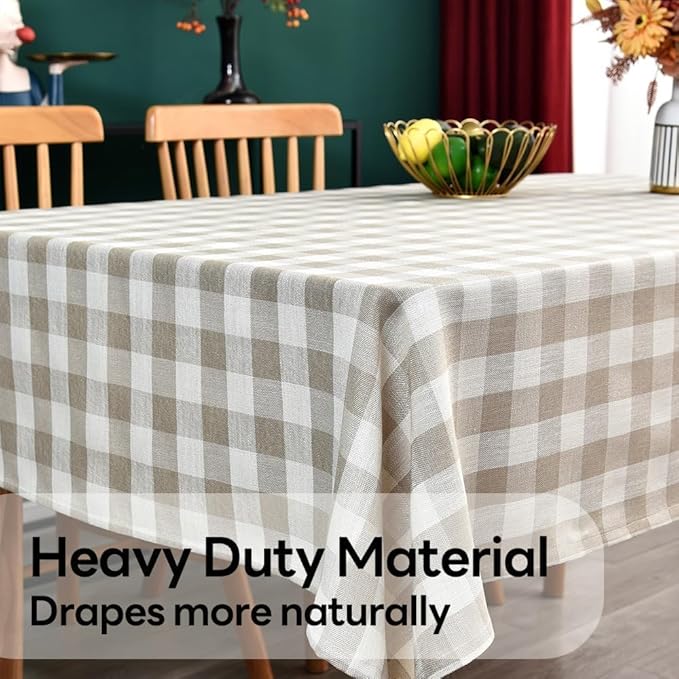 Gingham Table Cloth for Square Tables Beige Checkered Plaid Tablecloth Heavy Duty Cotton Blend Washable & Wrinkle Table Cover for Outdoor Kitchen Dining Picnic Camping (60x60 Inch)