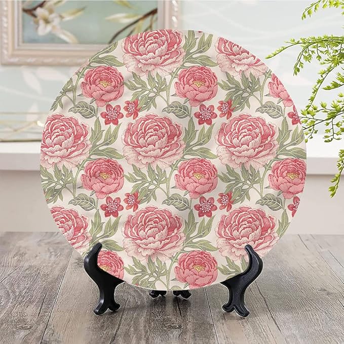 Decorative Plates, Victorian Print Ornament, Romantic Peonies Botany, 8 Inch, 1 Plate with 1 Display Stand, Multicolor