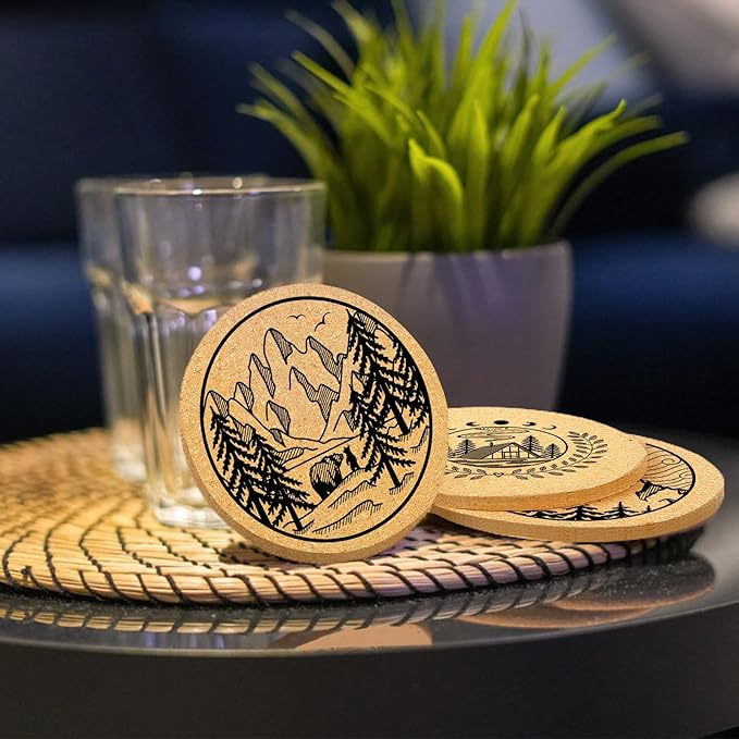 Coasters for Drinks with Holder Set of 6, Mountain Cork Coaster Absorbent Wood for Cup Desk Office Table Kitchen Decor House Warming Gifts for New Home Couples, Round 4"