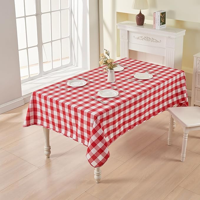 BALCONY & FALCON Gingham Table Cloth Rectangle – Reversible Water-Resistant Cotton Checkered Tablecloth for Valentine， Outdoor Picnic, Camping, Kitchen, Holiday Party Decor (Red White, 55x71 Inch)
