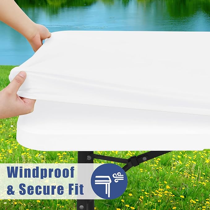 Spandex 6 Foot Rectangle Table Cloth 2 Pack, Elastic Fitted Tablecloths for Picnic, Stretch Washable Patio Table Cover for Outdoor, Camping, Banquet and Parties (White, 36"x72")